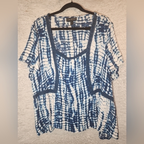 Lane Bryant 22 Square Neck Tie-dye Crochet Trim Blue White - Picture 2 of 8